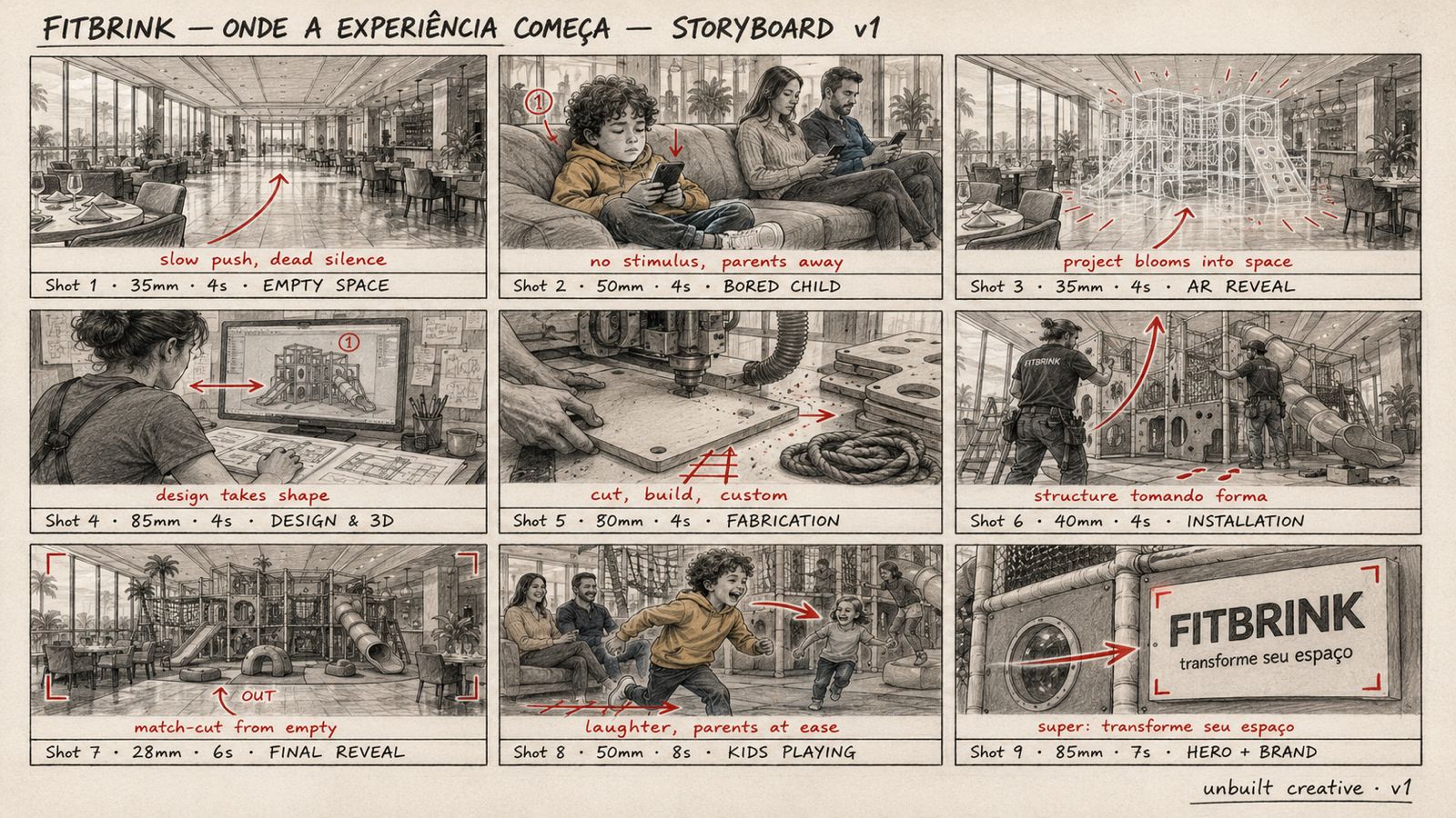 FitBrink — Storyboard v1 completo, 9 quadros